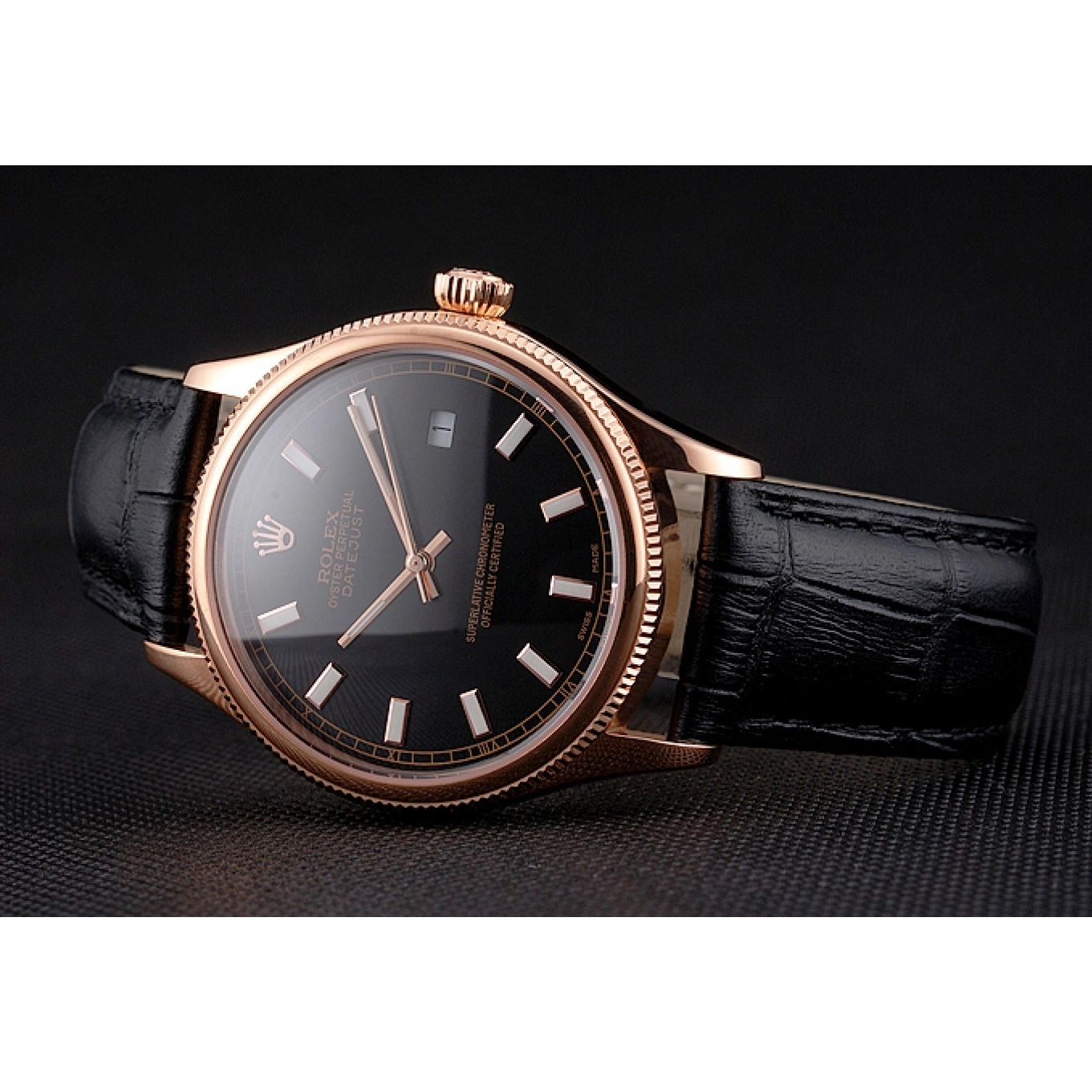 AAA replica watch Black Datejust Case Rose Black Swiss Leather Rolex Gold Dial Strap 0603